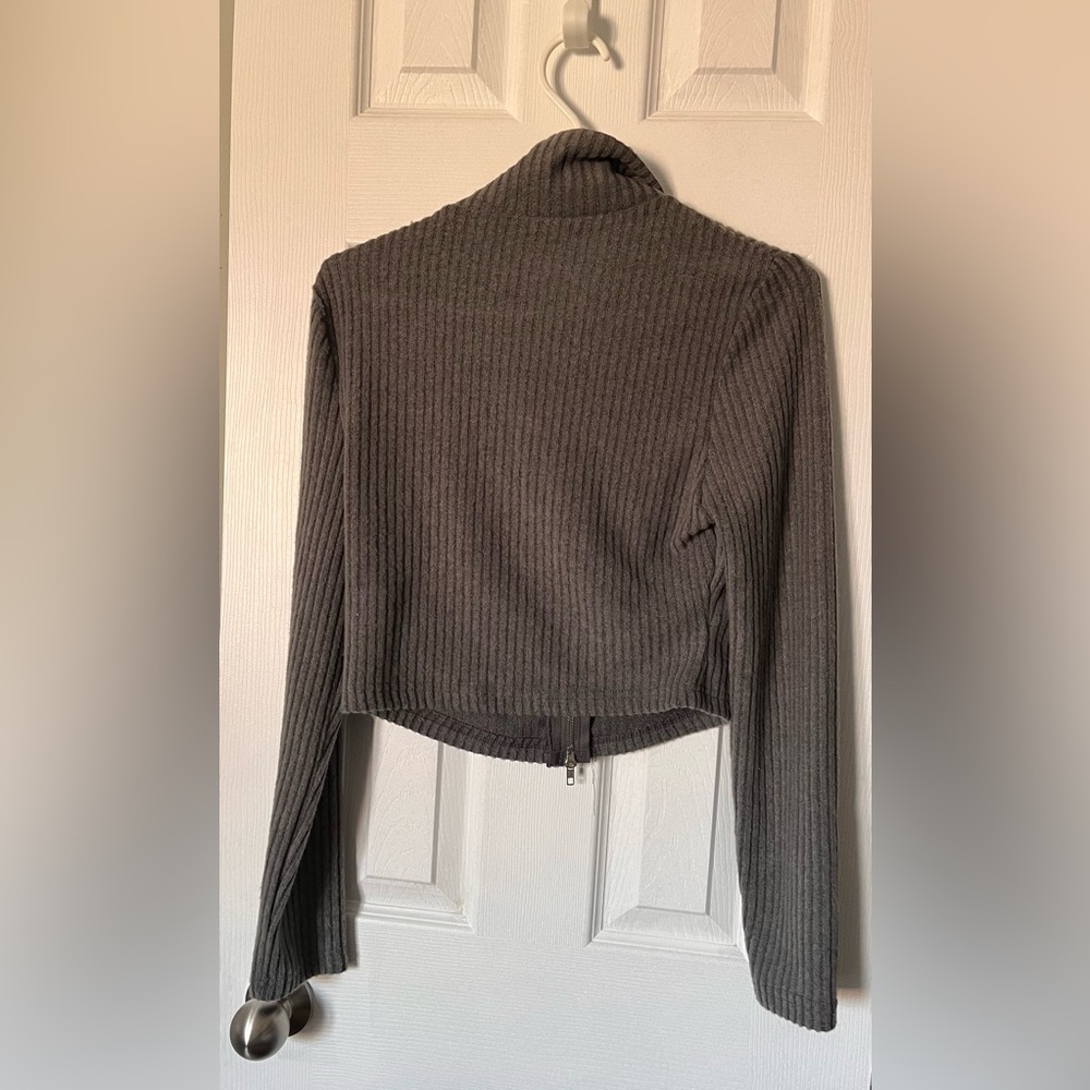 Grey Ribbed Zip Up Cropped Jacket and Flared Pants Set - Picture 7 of 7